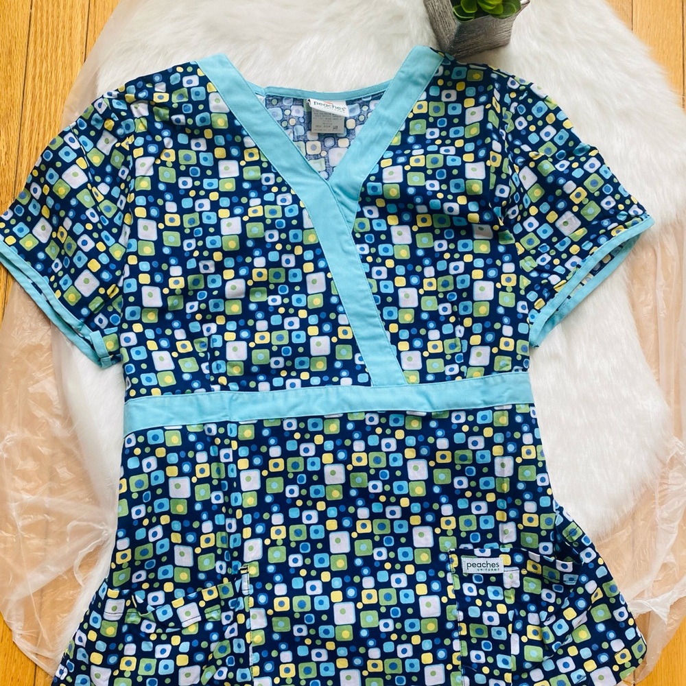 Peaches Uniforms Blue and Green Patterned Top
